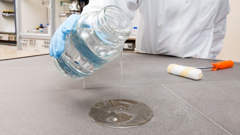 Ein Wissenschaftler gießt eine klare Flüssigkeit aus einem Glasgefäß auf eine Arbeitsfläche im Labor.