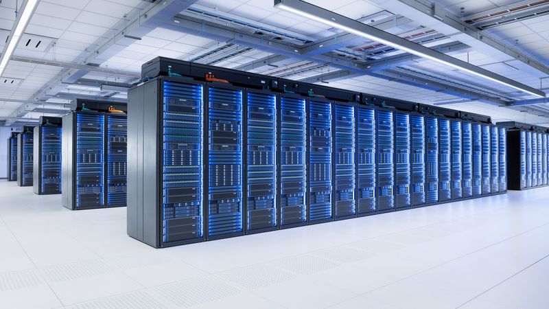 Innenansicht einen Rechenzentrums mit mehreren Serverreihen