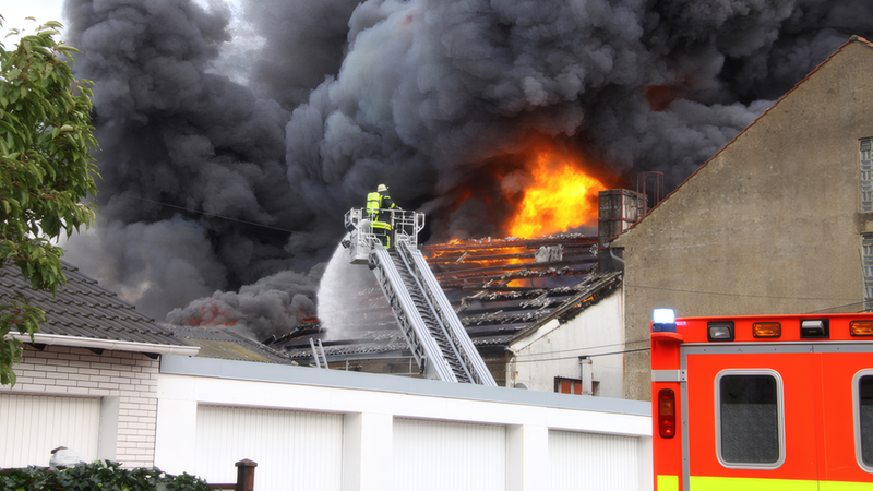 Ein großes Feuer in einem Gebäude, das von der Feuerwehr mit einer Drehleiter bekämpft wird. Dichte Rauchwolken steigen in den Himmel.