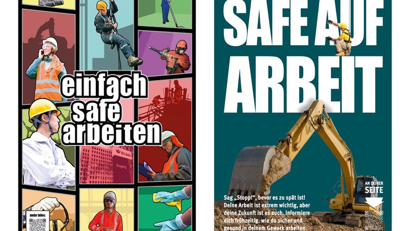 Poster mit verschiedenen Arbeitsschutzmaßnahmen und Sicherheitsausrüstung, um sicheres Arbeiten zu fördern.