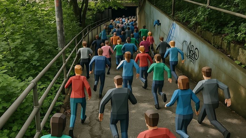 Eine große Gruppe von Menschen in bunten Kleidern rennt durch einen bewaldeten Tunnelweg.