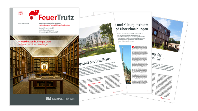 Das Bild zeigt das Cover des FeuerTrutz Magazins, das sich mit Brandschutz und Kulturgutschutz beschäftigt.