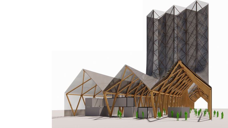 Ein modernes architektonisches Design mit einer auffälligen Holzstruktur und transparenten Elementen.