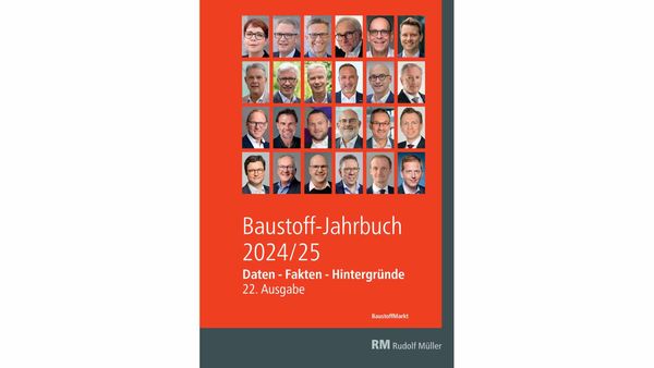 Cover des Baustoff-Jahrbuchs 2024/25 mit Porträts verschiedener Personen und dem Titel in roter Schrift.