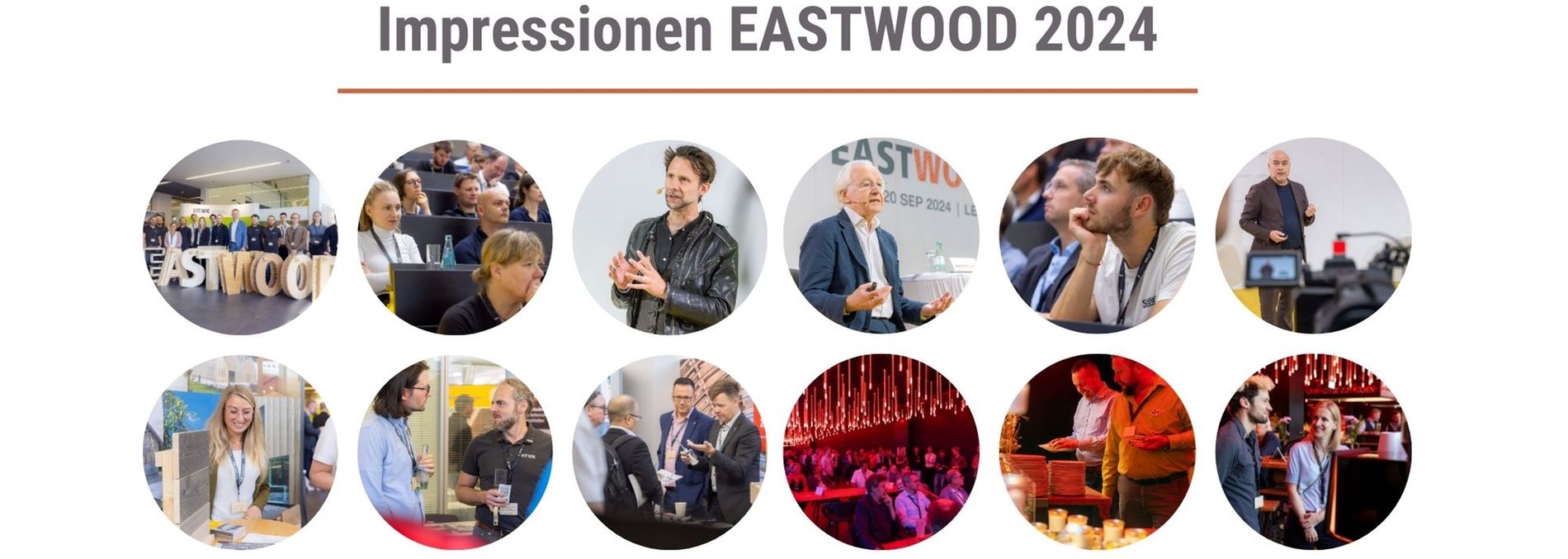 Eine Collage von Impressionen der EASTWOOD 2024 Veranstaltung mit verschiedenen Rednern und Teilnehmern.