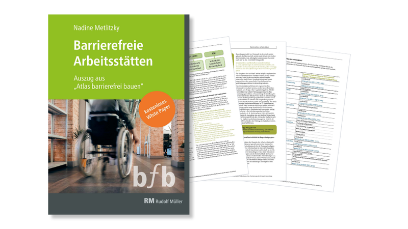 Das Bild zeigt das White Paper "Barrierefreie Arbeitsstätten" von Nadine Metlitzky und einige aufgeschlagene Seiten daraus.