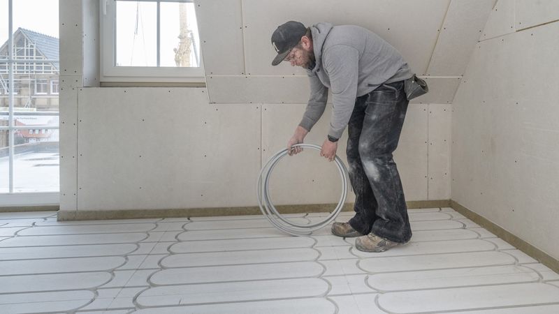 Ein Handwerker installiert eine Fußbodenheizung in einem Neubau.