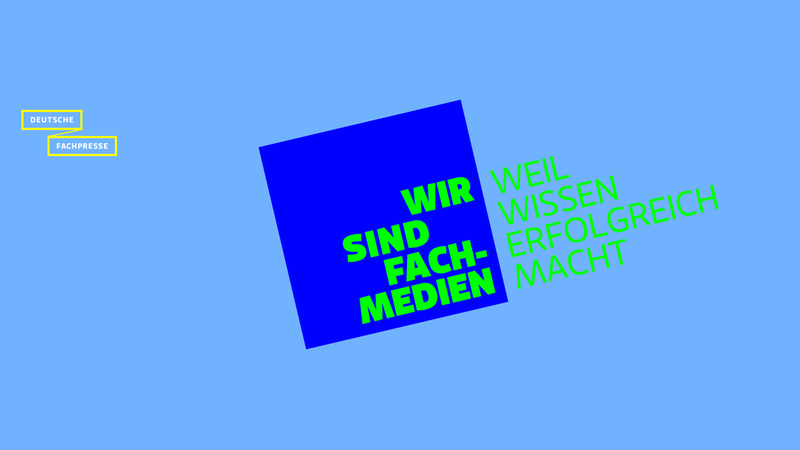 Ein blaues Quadrat mit dem Text "Wir sind Fachmedien" und "Weil Wissen erfolgreich macht" auf einem hellblauen Hintergrund.