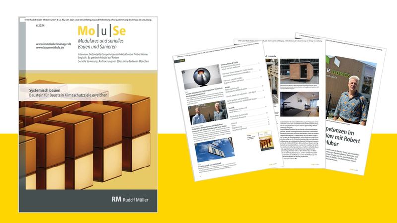 Das Bild zeigt das Cover und einige Seiten des Magazins "Mo|u|se", das sich mit modularen und seriellen Bauweisen beschäftigt.