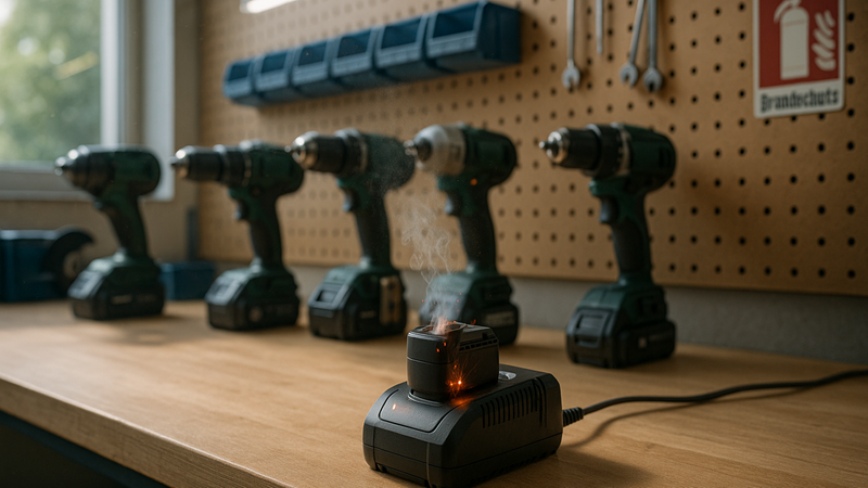 Ein rauchender Akkulader auf einer Werkbank in einer Werkstatt, umgeben von mehreren Akkubohrern.