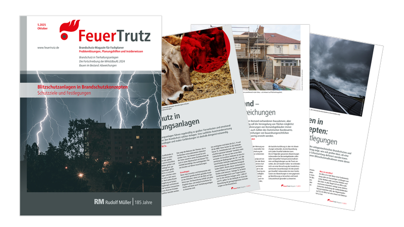 Das Bild zeigt das Cover des FeuerTrutz Magazins mit dem Hauptthema Blitzschutzanlagen in Brandschutzkonzepten.