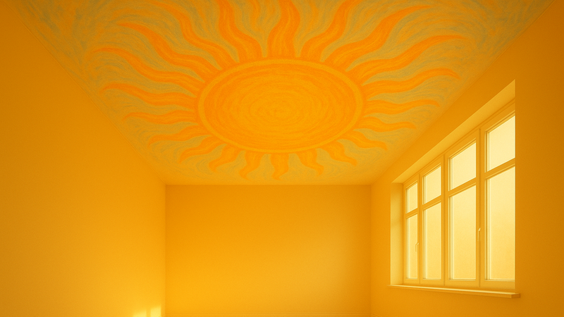 Ein leerer Raum mit einer großen, gelben Sonne, die an die Decke gemalt ist. Die Wände und der Boden sind ebenfalls in einem warmen Gelbton gehalten, was dem Raum eine sonnige und einladende Atmosphäre verleiht.