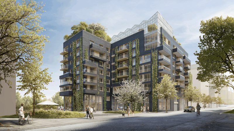 Ein modernes Wohngebäude mit einem Dachgarten, umgeben von Bäumen und Menschen, die auf der Straße spazieren gehen.