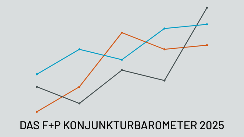 Eine Liniengrafik, die das Konjunkturbarometer 2025 darstellt, mit drei unterschiedlich farbigen Linien auf grauem Hintergrund.