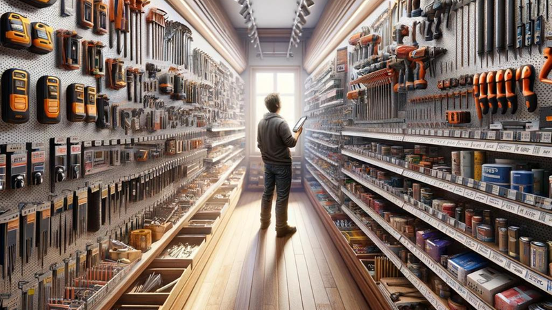 Ein Mann steht in einem gut sortierten Werkzeugladen und betrachtet die Werkzeuge an den Wänden.