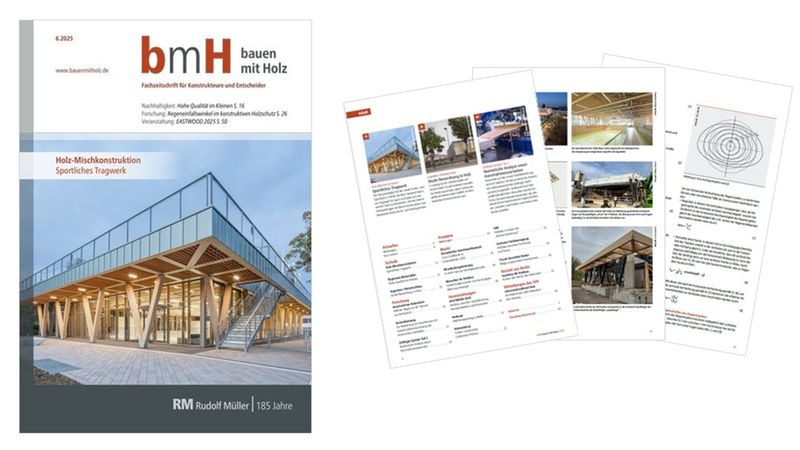 Die Abbildung zeigt die Fachzeitschrift "Bauen mit Holz" mit einem modernen Holzbau auf dem Cover und mehreren Seiten der Ausgabe.