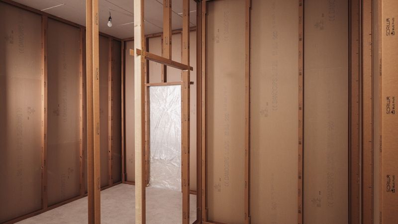 Ein unfertiger Innenraum auf einer Baustelle mit sichtbarem Soriwa-Ständerwerk und Gipskartonplatten.