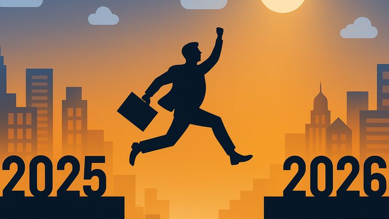 Ein Geschäftsmann springt von 2025 zu 2026 in einer Stadtlandschaft bei Sonnenuntergang.