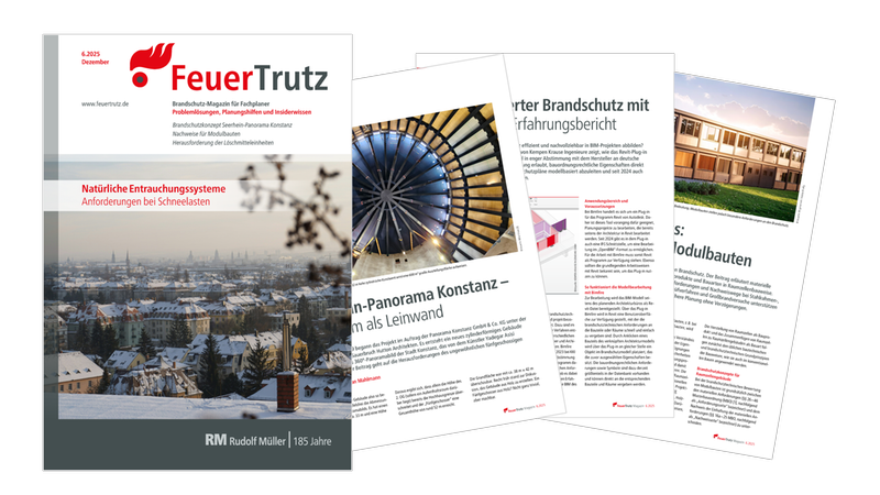 Das Bild zeigt das Cover des FeuerTrutz Magazins sowie einige Artikel. Das Hauptmotiv ist das Magazincover mit dem Titel "Natürliche Entrauchungssysteme".