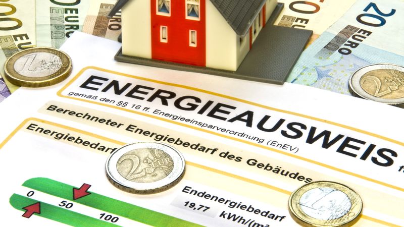 Ein Energieausweis mit einem kleinen Modellhaus und Euro-Geldscheinen und -münzen im Hintergrund.