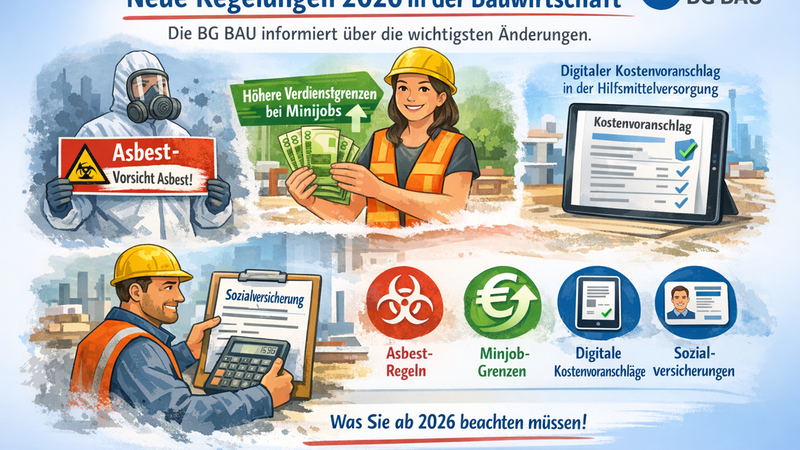 Illustration zu neuen Regelungen 2026 in der Bauwirtschaft mit Fokus auf Asbest, Minijobs und Sozialversicherung.