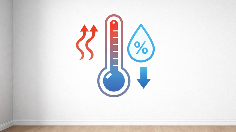 Ein Thermometer und ein Luftfeuchtigkeitssymbol auf einer weißen Wand.