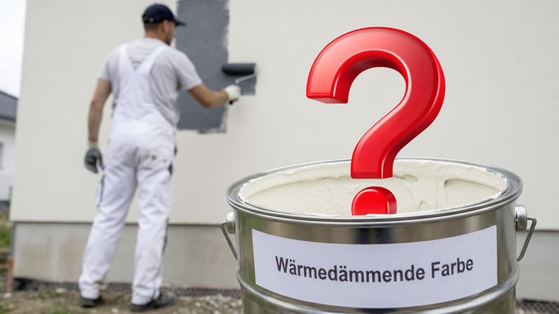 Ein Maler streicht eine Hauswand mit wärmedämmender Farbe.