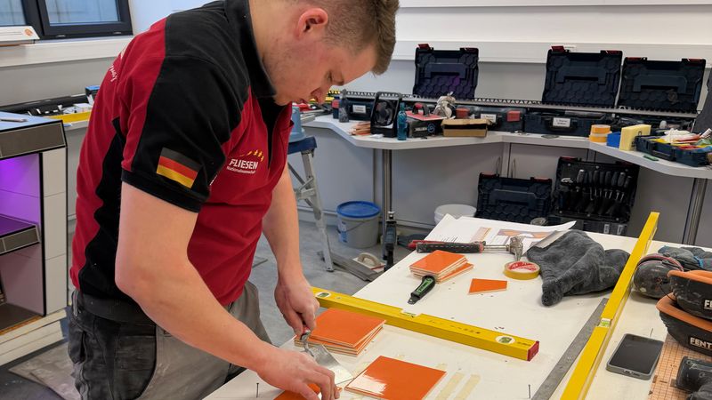 Ein Fliesenleger arbeitet konzentriert an einem Tisch mit orangefarbenen Fliesen in einer Werkstatt.