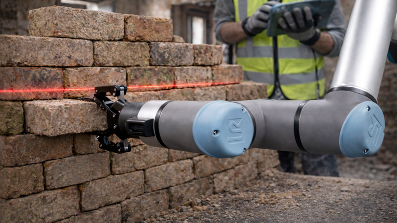 Ein Roboterarm, der mit einem Laser eine Mauer aus Ziegelsteinen ausrichtet, während ein Arbeiter im Hintergrund ein Tablet hält.