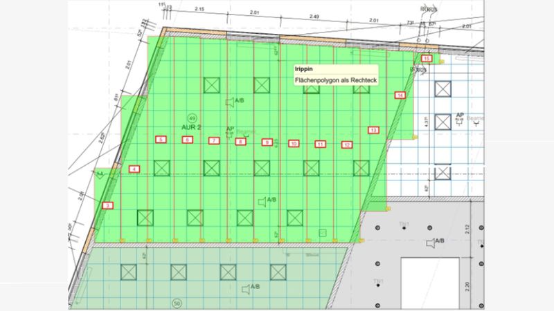 Ein Bauplan mit einem hervorgehobenen Flächenpolygon in grüner Farbe, das als Rechteck dargestellt ist.