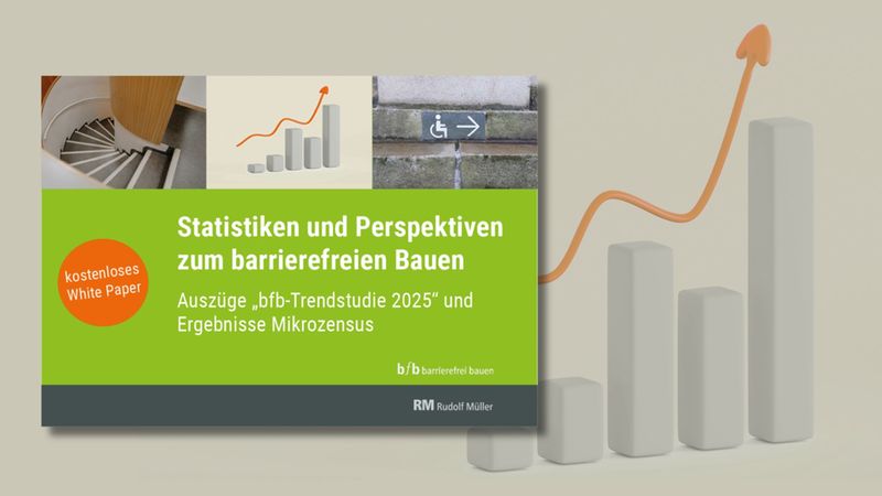 Ein Bild mit Statistiken und Perspektiven zum barrierefreien Bauen, inklusive eines Diagramms und einer Treppe.