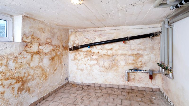Ein feuchter Kellerraum mit sichtbarem Schimmel an den Wänden und freiliegenden Rohren.