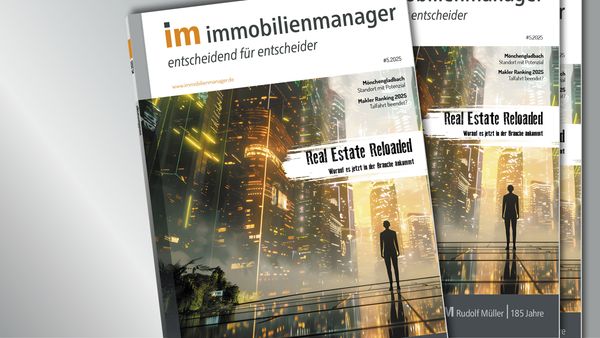 Das Cover des Immobilienmanager Magazins zeigt eine futuristische Stadtlandschaft mit einem Mann im Vordergrund.