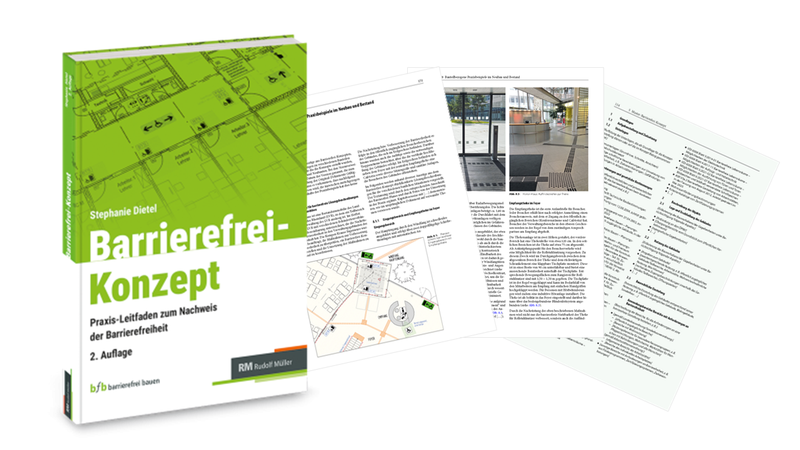Das Bild zeigt das Buch "Barrierefrei-Konzept" von Stephanie Dietel und einige aufgeschlagene Seiten daraus.