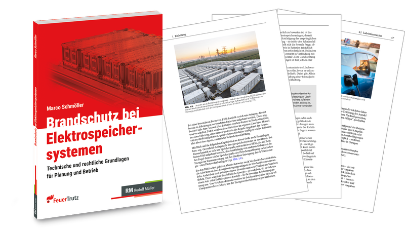 Ein Buch mit dem Titel "Brandschutz bei Elektrospeichersystemen" von Marco Schmöller, begleitet von mehreren aufgeschlagenen Seiten.