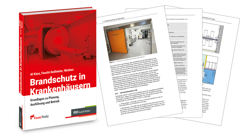 Buchcover von "Brandschutz in Krankenhäusern" mit aufgeschlagenen Seiten im Hintergrund.