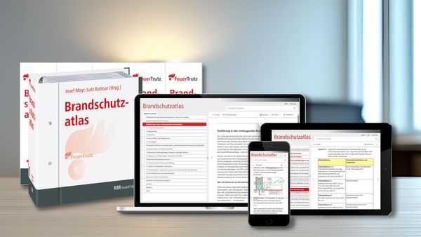 Der Brandschutzatlas in Buchform und auf digitalen Geräten wie Laptop, Tablet und Smartphone.