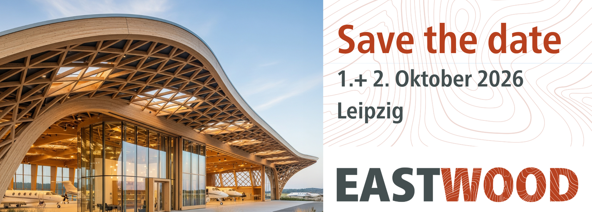 Ein modernes Gebäude mit geschwungenem Holzdach in Leipzig, beworben für den Holzbau-Fachkongress EASTWOOD im Oktober 2026.