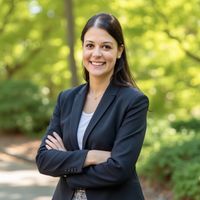 Eine Frau in einem dunklen Blazer steht lächelnd im Freien vor einem Hintergrund aus grünen Bäumen.