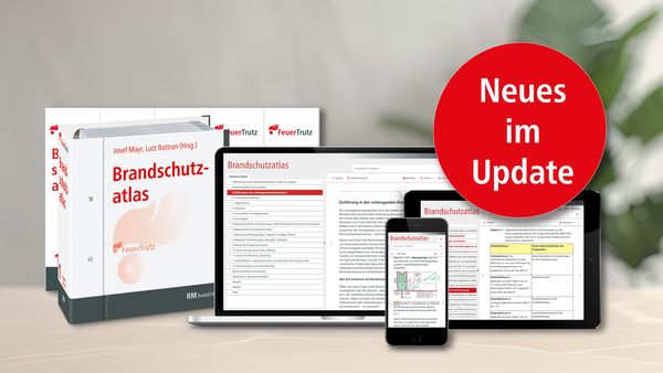 Der Brandschutzatlas ist sowohl in gedruckter Form als auch digital auf Laptop, Tablet und Smartphone verfügbar. Ein roter Kreis weist auf neue Updates hin.