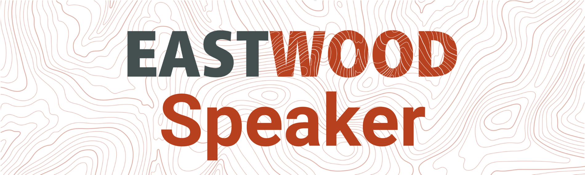 Das Bild zeigt das Logo von Eastwood Speaker mit einem topografischen Hintergrund.