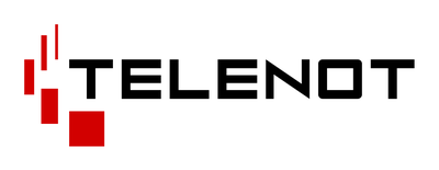 Das Bild zeigt das Logo von Telenot, einem Unternehmen für Sicherheitstechnik, mit stilisierten roten Balken und schwarzem Schriftzug.