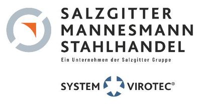Das Logo von Salzgitter Mannesmann Stahlhandel mit dem Slogan "Ein Unternehmen der Salzgitter Gruppe" und dem System Virotec Logo.
