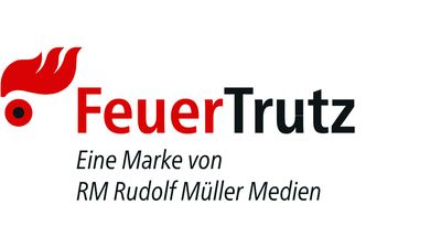 Das Bild zeigt das Logo von FeuerTrutz, einer Marke von RM Rudolf Müller Medien, mit einem stilisierten roten Flammensymbol.