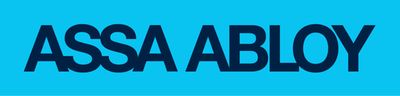 Das Bild zeigt das Logo von ASSA ABLOY auf einem blauen Hintergrund.