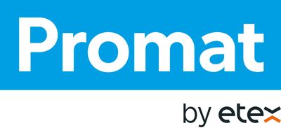 Das Bild zeigt das Logo von Promat, einer Marke von Etex, auf einem blauen Hintergrund.