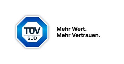 Das Bild zeigt das TÜV SÜD Logo neben dem Slogan "Mehr Wert. Mehr Vertrauen."