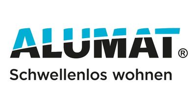 Das Bild zeigt das Logo von ALUMAT mit dem Slogan "Schwellenlos wohnen".