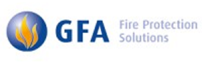 Das Bild zeigt das Logo der Firma GFA Fire Protection Solutions, bestehend aus einem stilisierten blau-gelben Flammenmotiv über der Abkürzung GFA in blauer Schrift.
