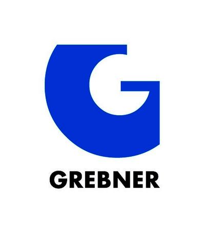 Ein blaues Logo mit einem großen Buchstaben "G" und dem Schriftzug "GREBNER" darunter.